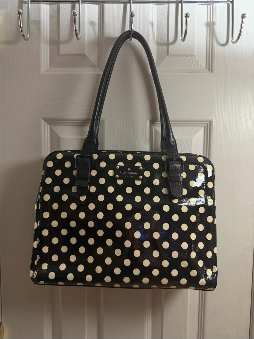 kate spade Black and Cream Polka Dot Patent Tote Bag